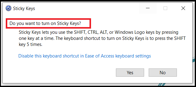 Sticky Keys Popup Message