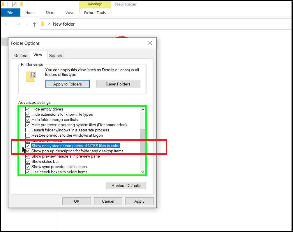 Show encrypted or compressed NTFS files in color