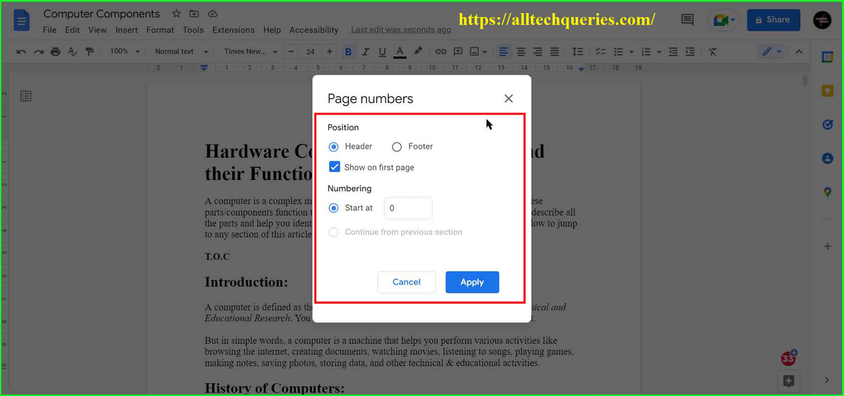 how to add page numbers in google docs, how to add page number in google docs, add page numbers in google docs