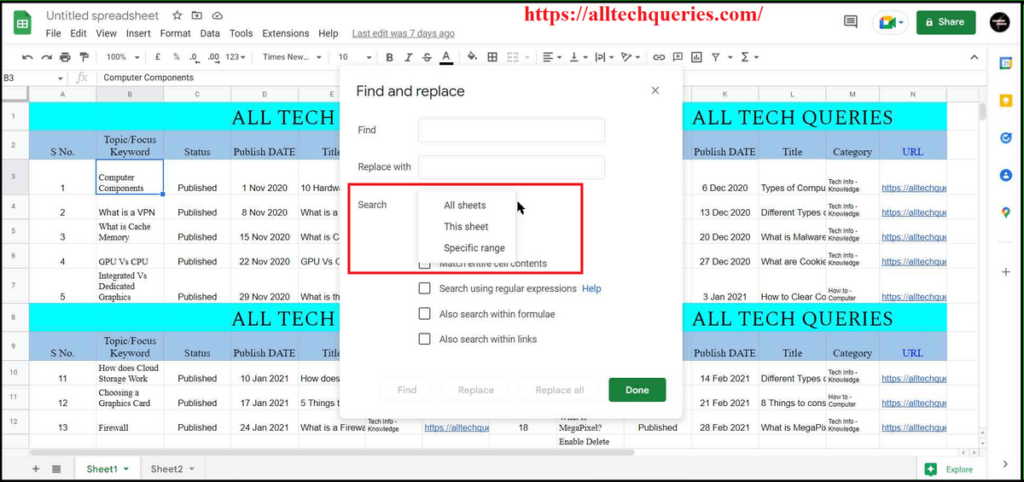 how to search in google sheets, search in google sheets, find and replace google sheets, google sheets how to search only one column