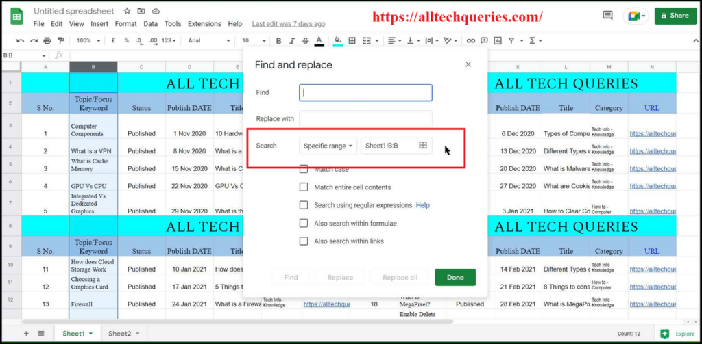 how to search in google sheets, search in google sheets, find and replace google sheets, google sheets how to search only one column